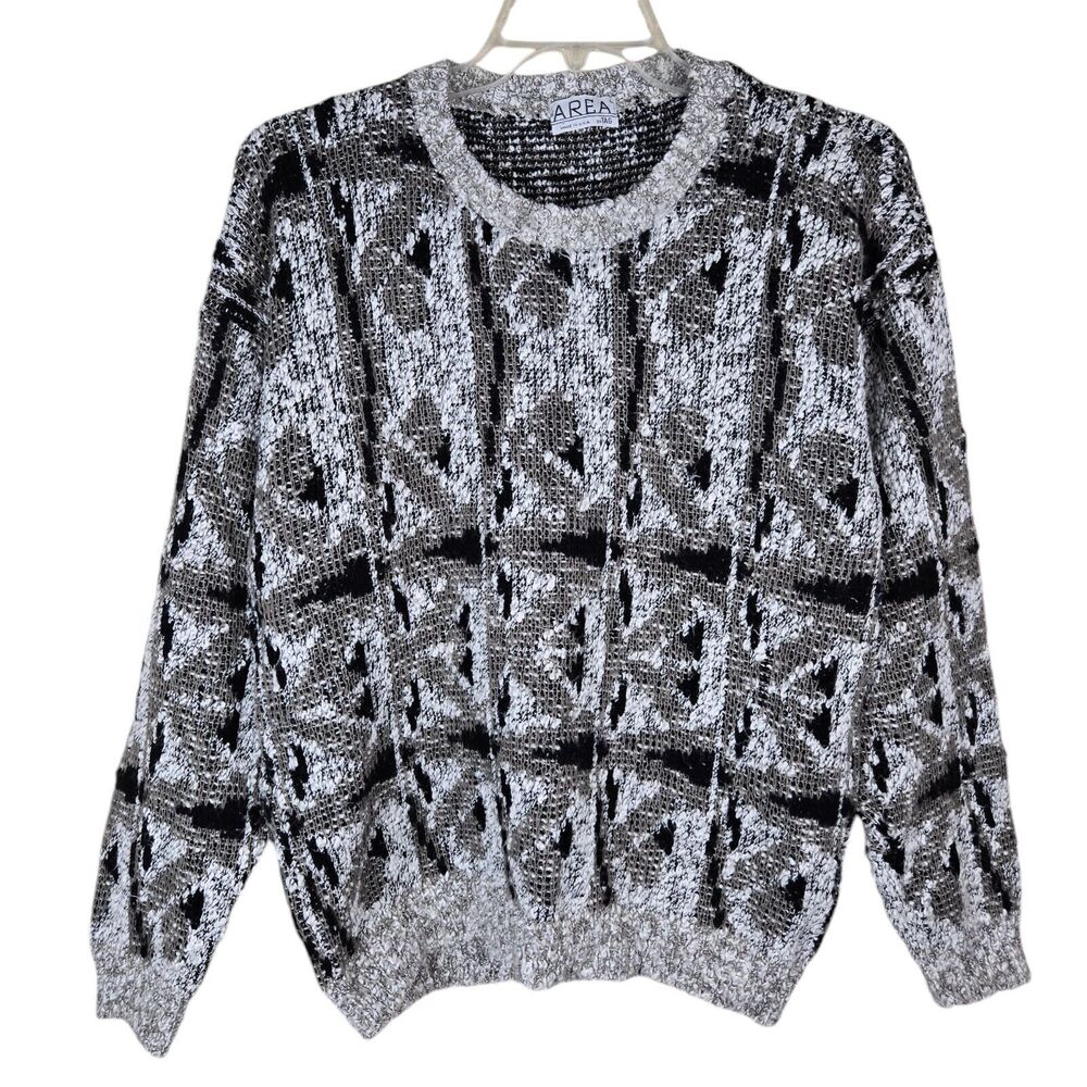Vtg Area by Tag Abstract Geometric Brown Black White Crewneck Sweater Sz L USA